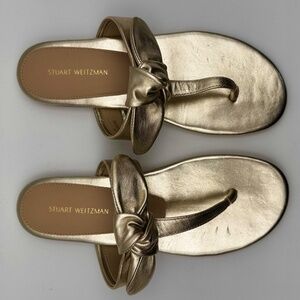 Stuart Weitzman Bandeau Gold Leather T-Strap Slide Sandal w Bow Size 36.5